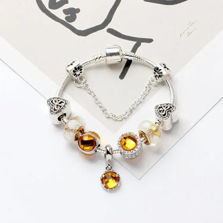 Yellow Zircon Heart Glass Beaded Bracelet with Rhinestones(19cm) - Image 2