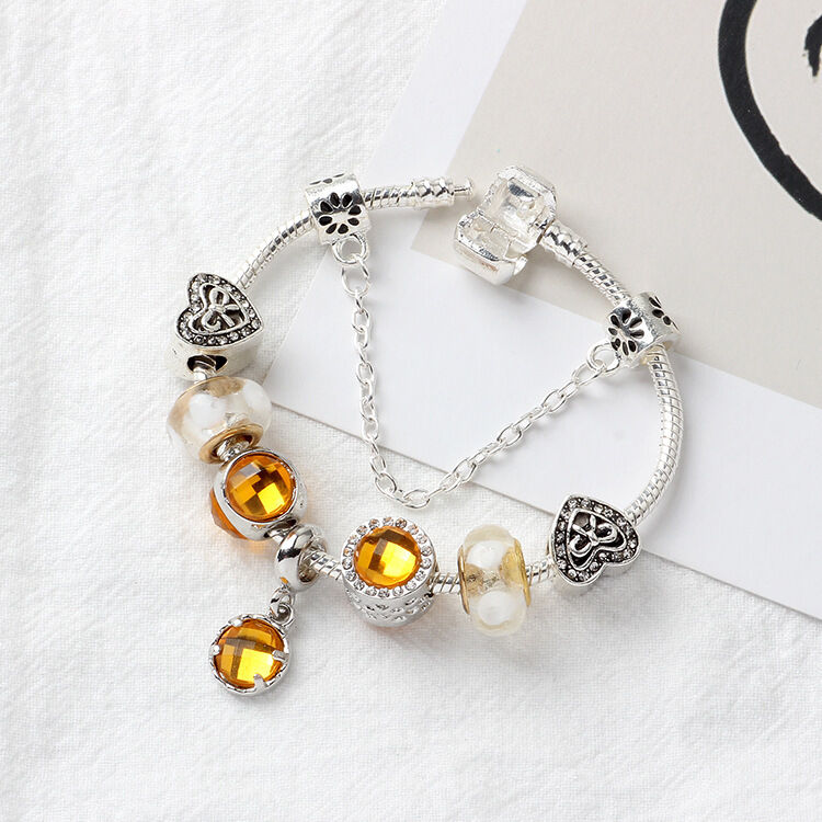 Yellow Zircon Heart Glass Beaded Bracelet with Rhinestones(20cm) - Image 5