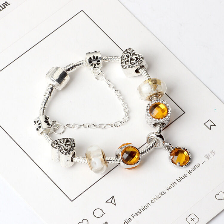 Yellow Zircon Heart Glass Beaded Bracelet with Rhinestones(21cm) - Image 4