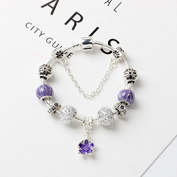Vintage Alloy Charm Bracelet with Purple Flower Pendant, Crystal Beads(18cm) - Image 2