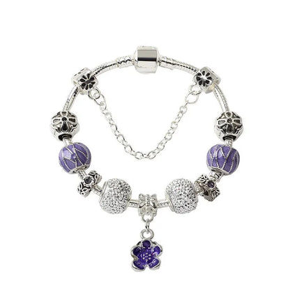 Vintage Alloy Charm Bracelet with Purple Flower Pendant, Crystal Beads(19cm)