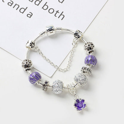Vintage Alloy Charm Bracelet with Purple Flower Pendant, Crystal Beads(19cm) - Image 3