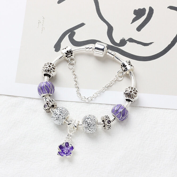 Vintage Alloy Charm Bracelet with Purple Flower Pendant, Crystal Beads(19cm) - Image 4