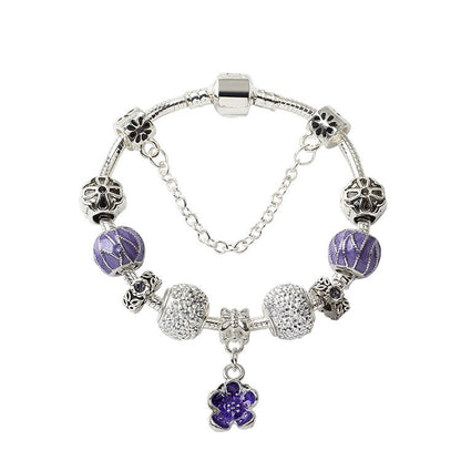 Vintage Alloy Charm Bracelet with Purple Flower Pendant, Crystal Beads(20cm)