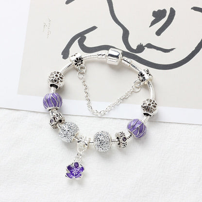 Vintage Alloy Charm Bracelet with Purple Flower Pendant, Crystal Beads(20cm) - Image 4