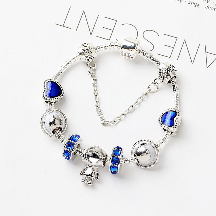 Sci-Fi Universe Spaceship Robot Blue Heart Beaded Bracelet with Rhinestones(18cm) - Image 4