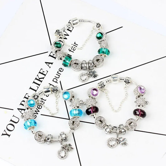 Charm Bracelet with Tortoise, Heart, Clover Pendant(Blue,18cm) - Image 3