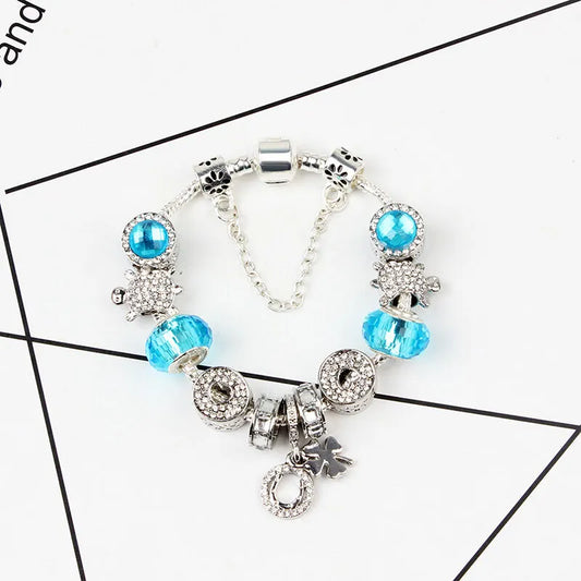 Charm Bracelet with Tortoise, Heart, Clover Pendant(Blue,19cm)