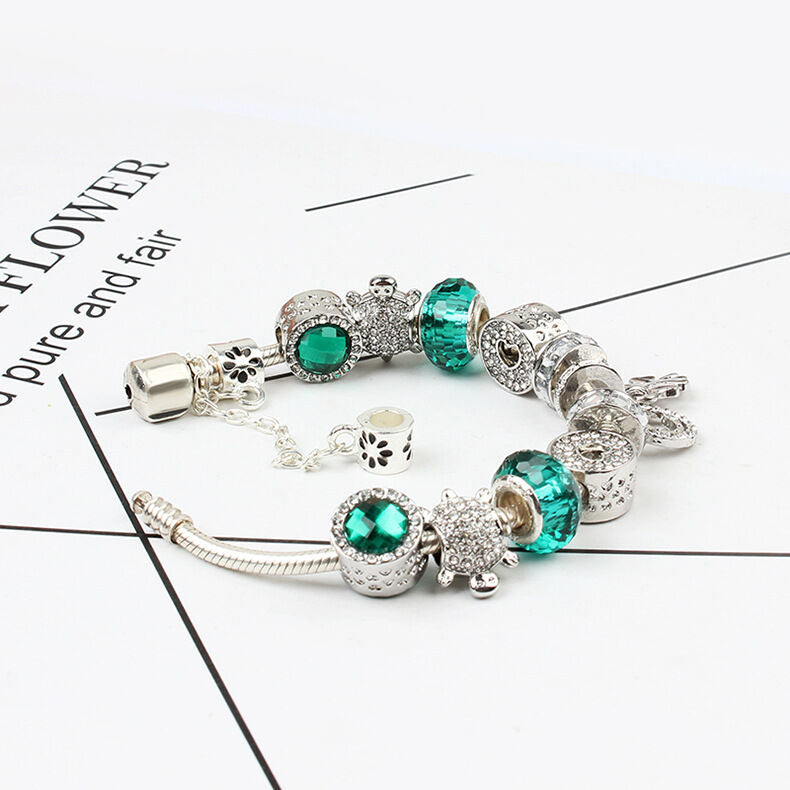 Charm Bracelet with Tortoise, Heart, Clover Pendant(Green,20cm) - Image 3
