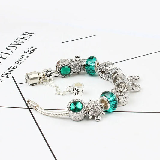 Charm Bracelet with Tortoise, Heart, Clover Pendant(Green,20cm) - Image 3