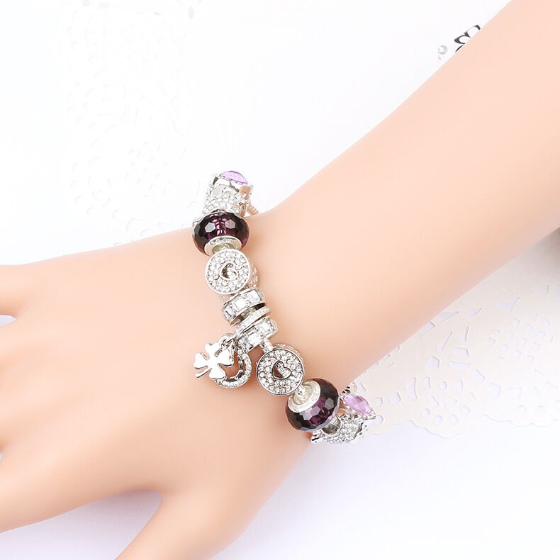 Charm Bracelet with Tortoise, Heart, Clover Pendant(Purple,19cm) - Image 2