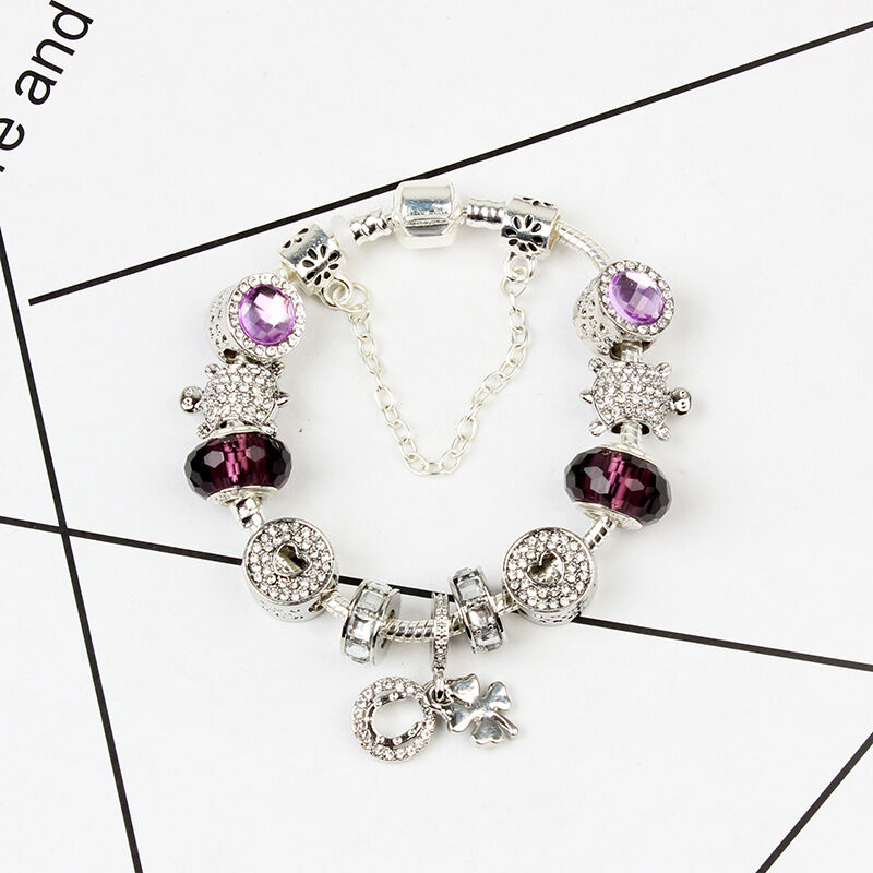 Charm Bracelet with Tortoise, Heart, Clover Pendant(Purple,19cm) - Image 3