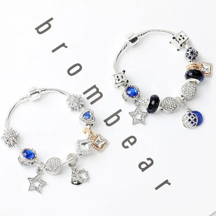 Sparkling Charm Bracelet with Smiley, Crystal, Rhinestone Beads & Hollow Star Zircon Pendants(19cm) - Image 4