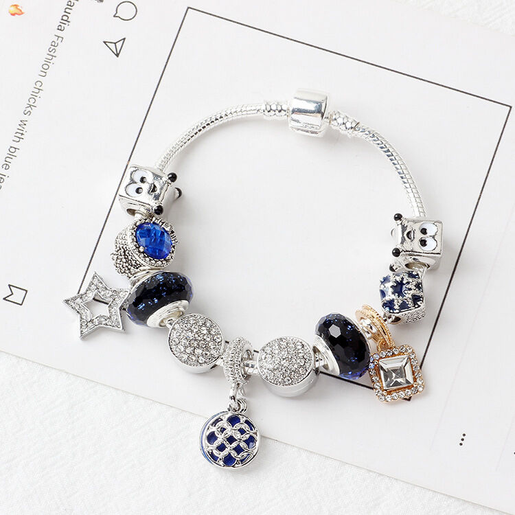 Sparkling Charm Bracelet with Smiley, Crystal, Rhinestone Beads & Hollow Star Zircon Pendants(19cm) - Image 7