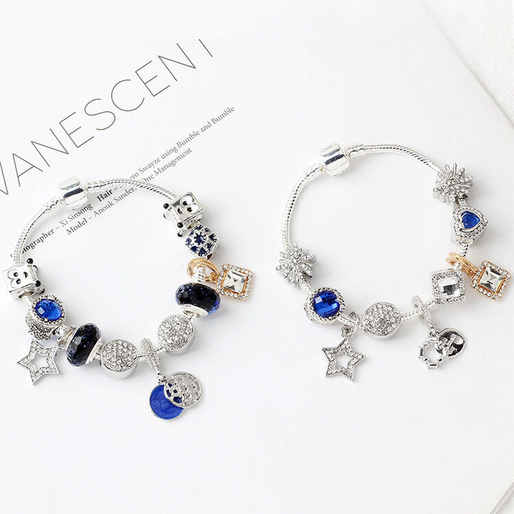 Sparkling Charm Bracelet with Smiley, Crystal, Rhinestone Beads & Hollow Star Zircon Pendants(17cm) - Image 4