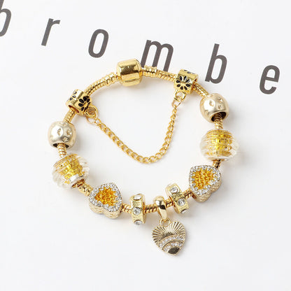Golden Rhinestone Heart Charm Beaded Snake Chain Bracelet(19cm) - Image 2