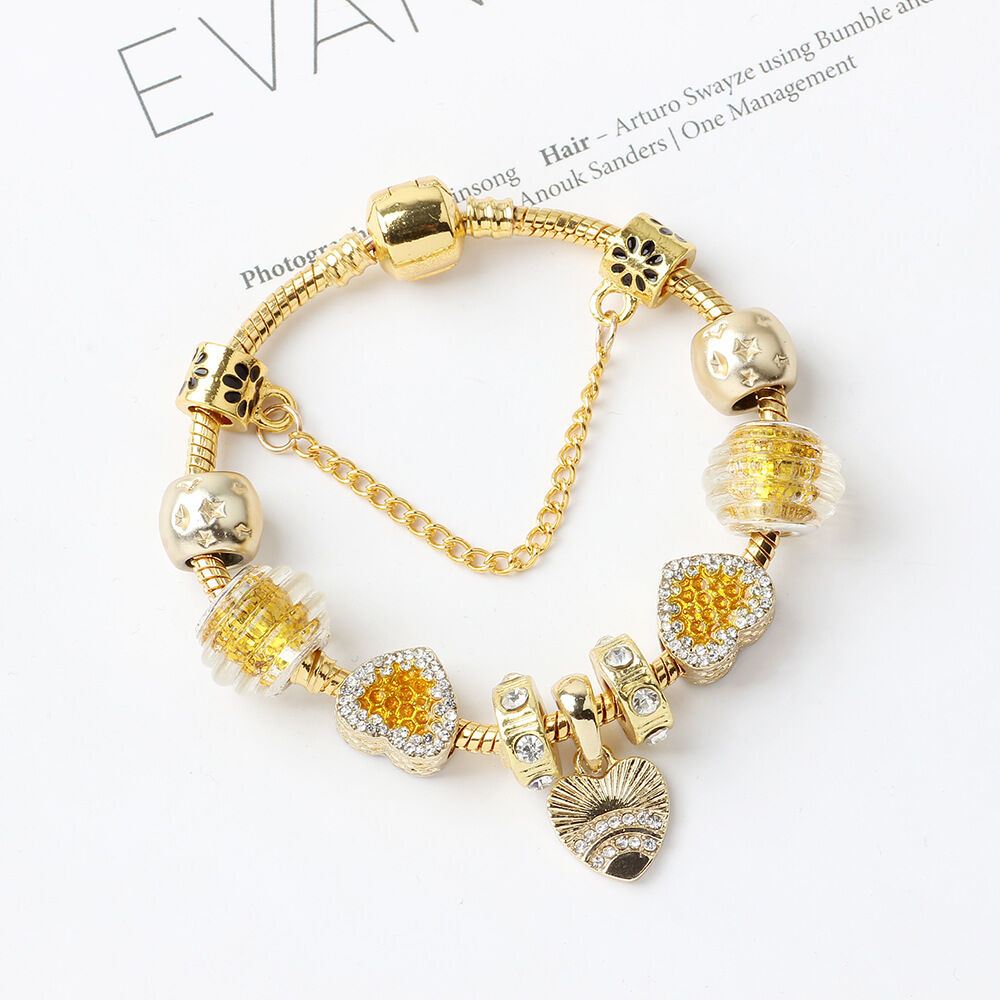 Golden Rhinestone Heart Charm Beaded Snake Chain Bracelet(19cm) - Image 3
