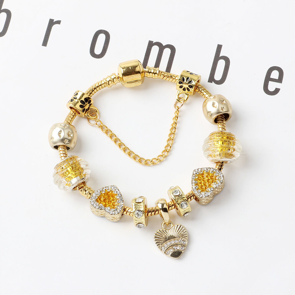 Golden Rhinestone Heart Charm Beaded Snake Chain Bracelet(20cm) - Image 2