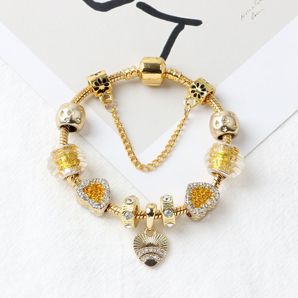 Golden Rhinestone Heart Charm Beaded Snake Chain Bracelet(20cm) - Image 4