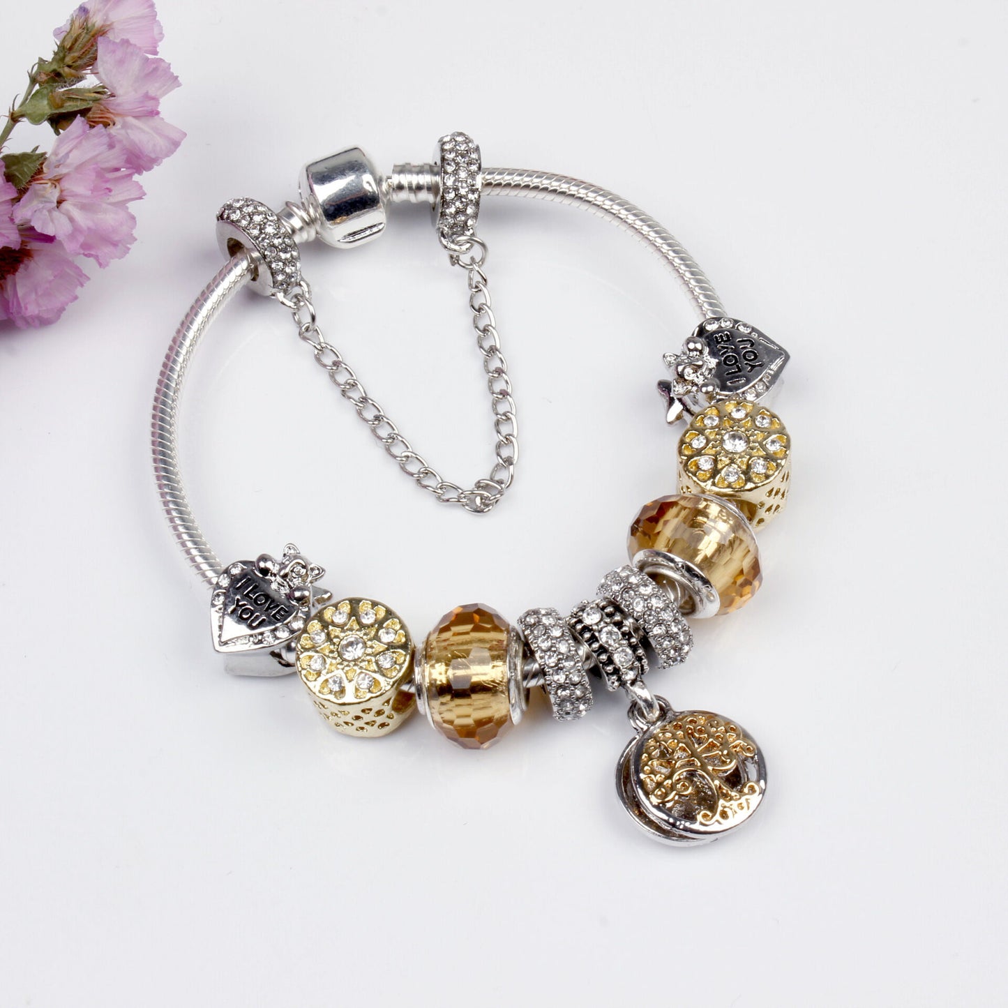 Crystal Bead & Tree of Life Pendant Bracelet with Rhinestones(18cm) - Image 2