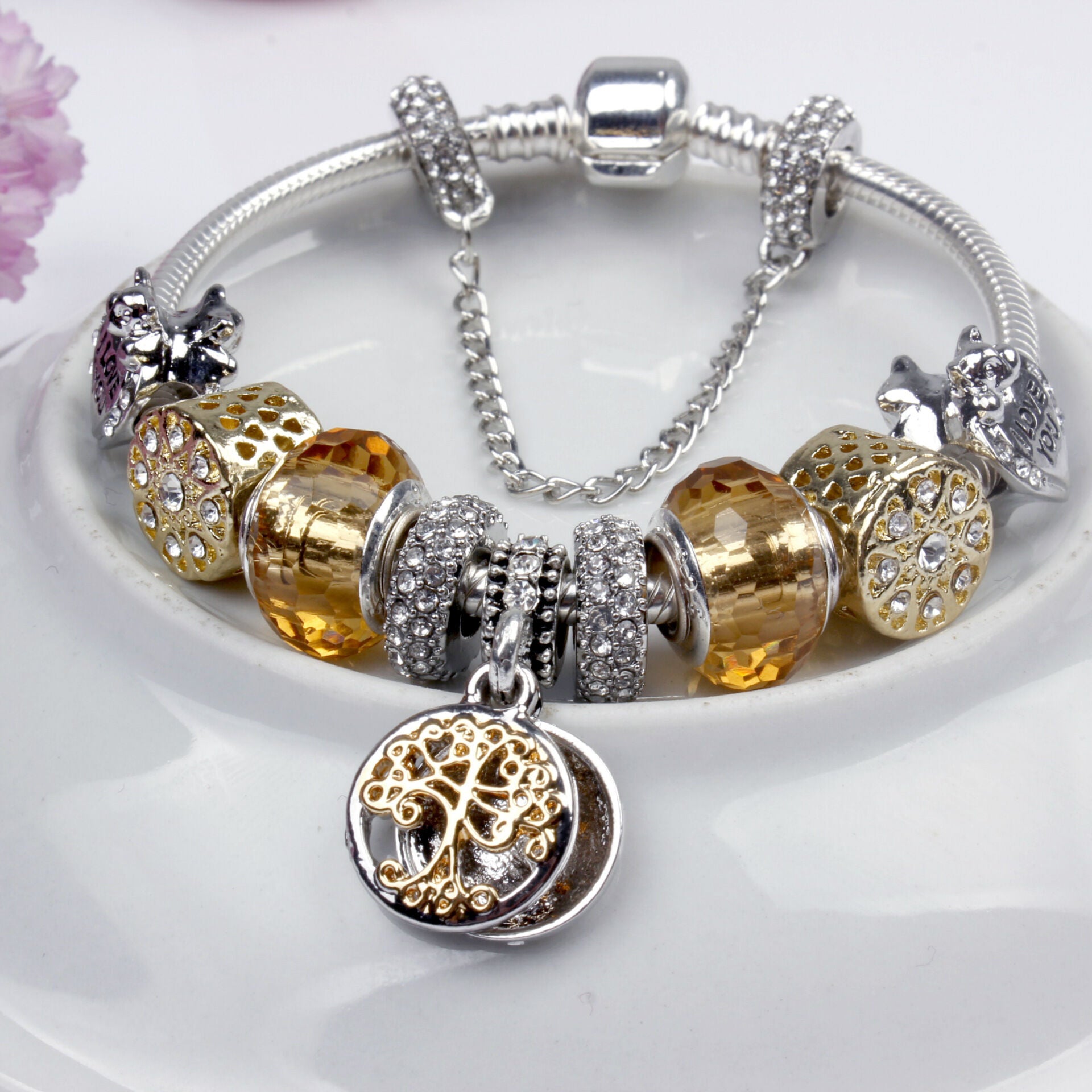 Crystal Bead & Tree of Life Pendant Bracelet with Rhinestones(19cm) - Image 5