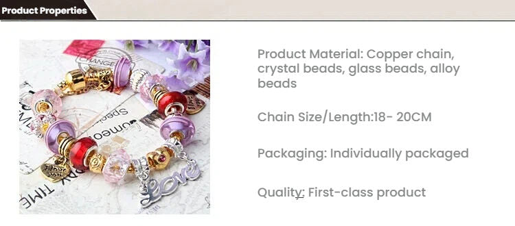 Love-Themed Beaded Bracelet with Crystal & Letter Pendant(19cm) - Image 2