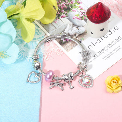 Cute Heart-shaped Beaded Bracelet with Rhinestones(17cm) - Image 3