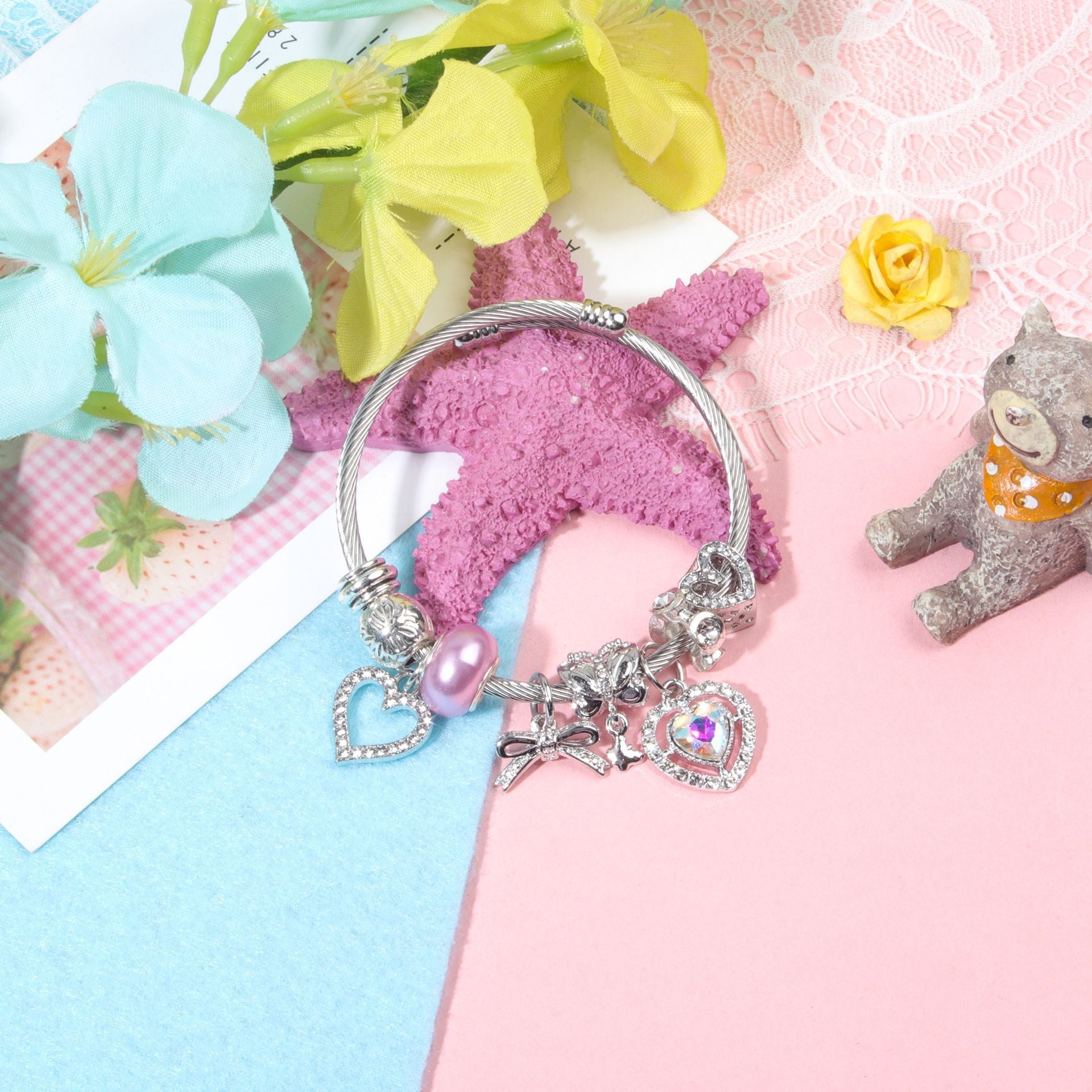 Cute Heart-shaped Beaded Bracelet with Rhinestones(17cm) - Image 4