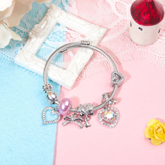 Cute Heart-shaped Beaded Bracelet with Rhinestones(18cm) - Image 2