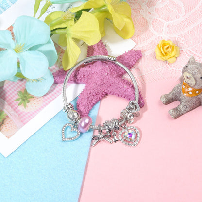 Cute Heart-shaped Beaded Bracelet with Rhinestones(19cm) - Image 4