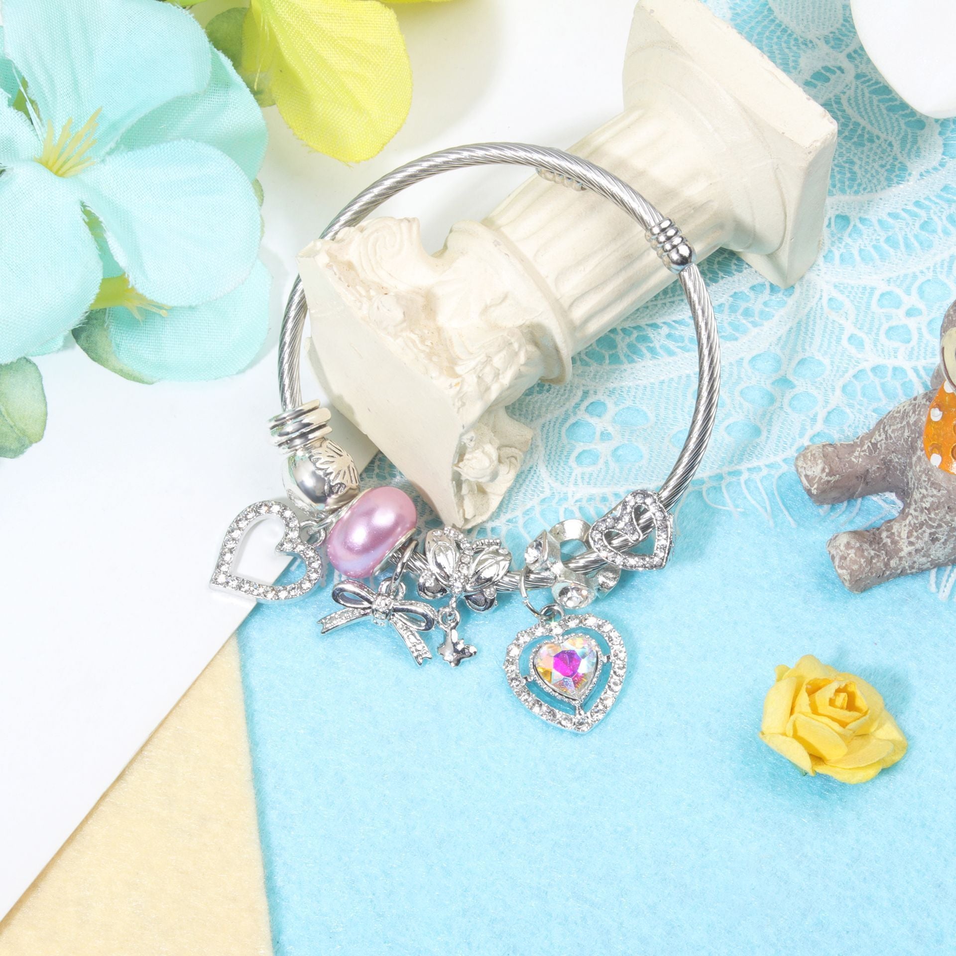 Cute Heart-shaped Beaded Bracelet with Rhinestones(19cm) - Image 5