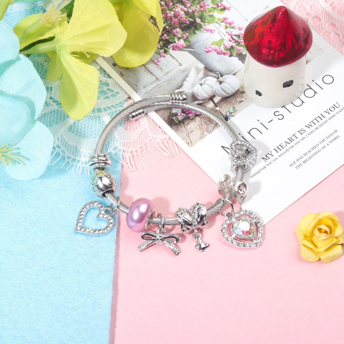 Cute Heart-shaped Beaded Bracelet with Rhinestones(20cm) - Image 3