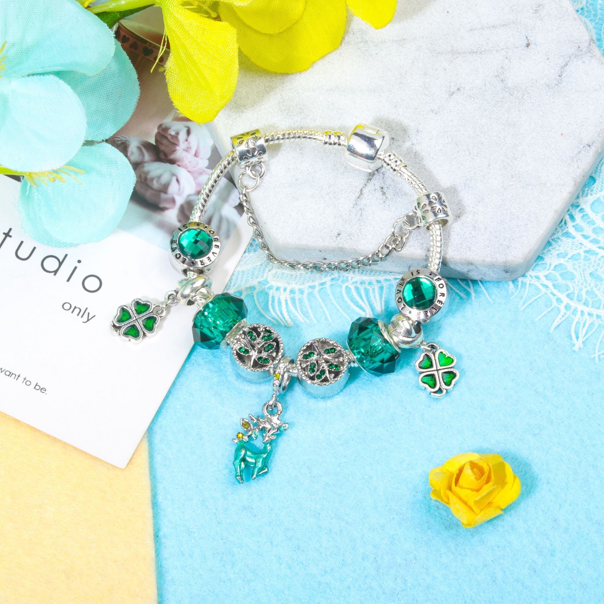 Colorful Cat Eye Glass Bead Clover Pendant Bracelet(17cm) - Image 5