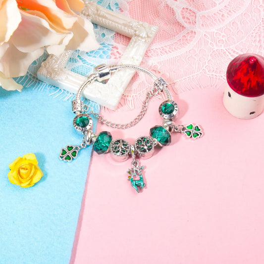 Colorful Cat Eye Glass Bead Clover Pendant Bracelet(19cm) - Image 2