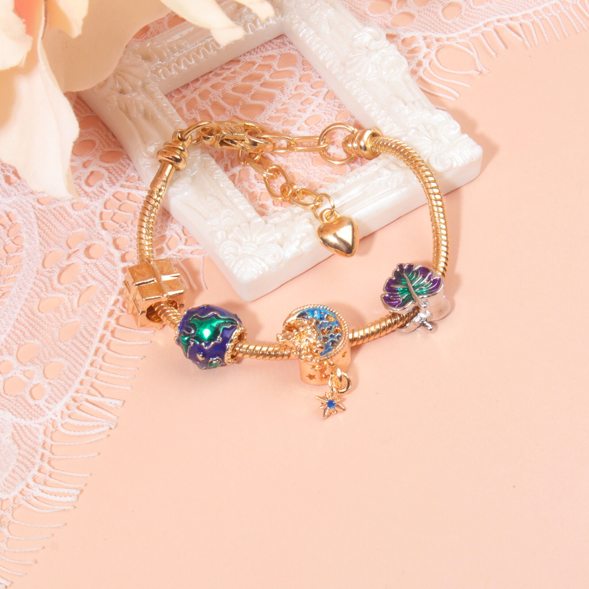 Colorful Leaf Moon Star Pendant Versatile Gold Bracelet(19cm) - Image 2