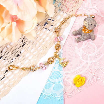 Sweet Style Crystal Rhinestone Gold Star Moon Pendant Cute Pink Bead Bracelet(17cm) - Image 3
