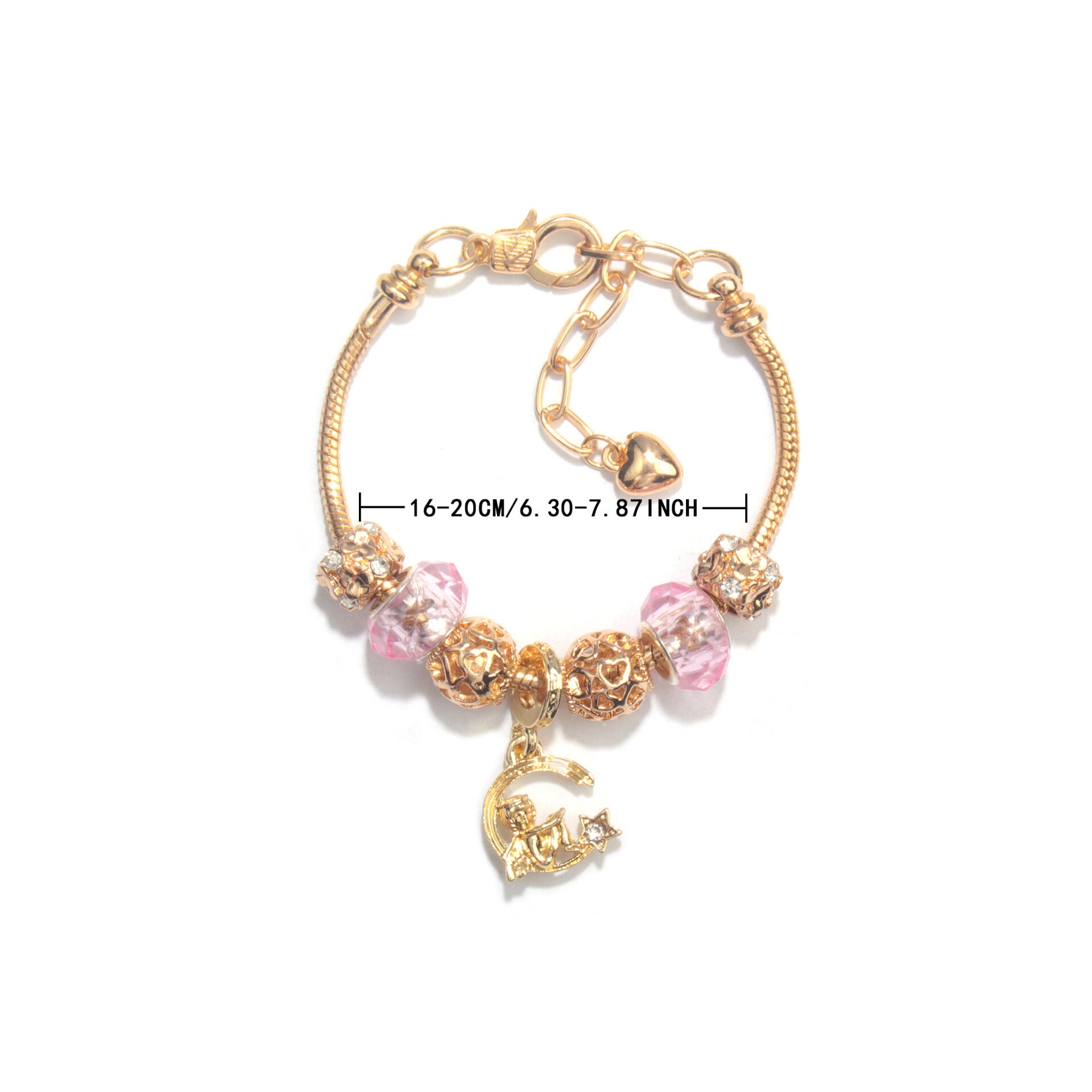 Sweet Style Crystal Rhinestone Gold Star Moon Pendant Cute Pink Bead Bracelet(17cm) - Image 5