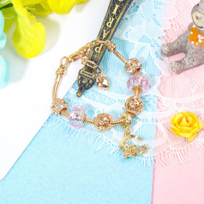 Sweet Style Crystal Rhinestone Gold Star Moon Pendant Cute Pink Bead Bracelet(17cm) - Image 6