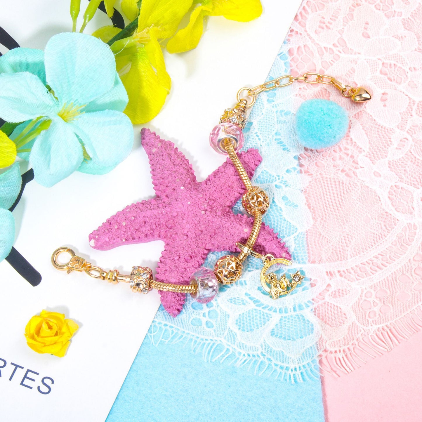 Sweet Style Crystal Rhinestone Gold Star Moon Pendant Cute Pink Bead Bracelet(18cm) - Image 4
