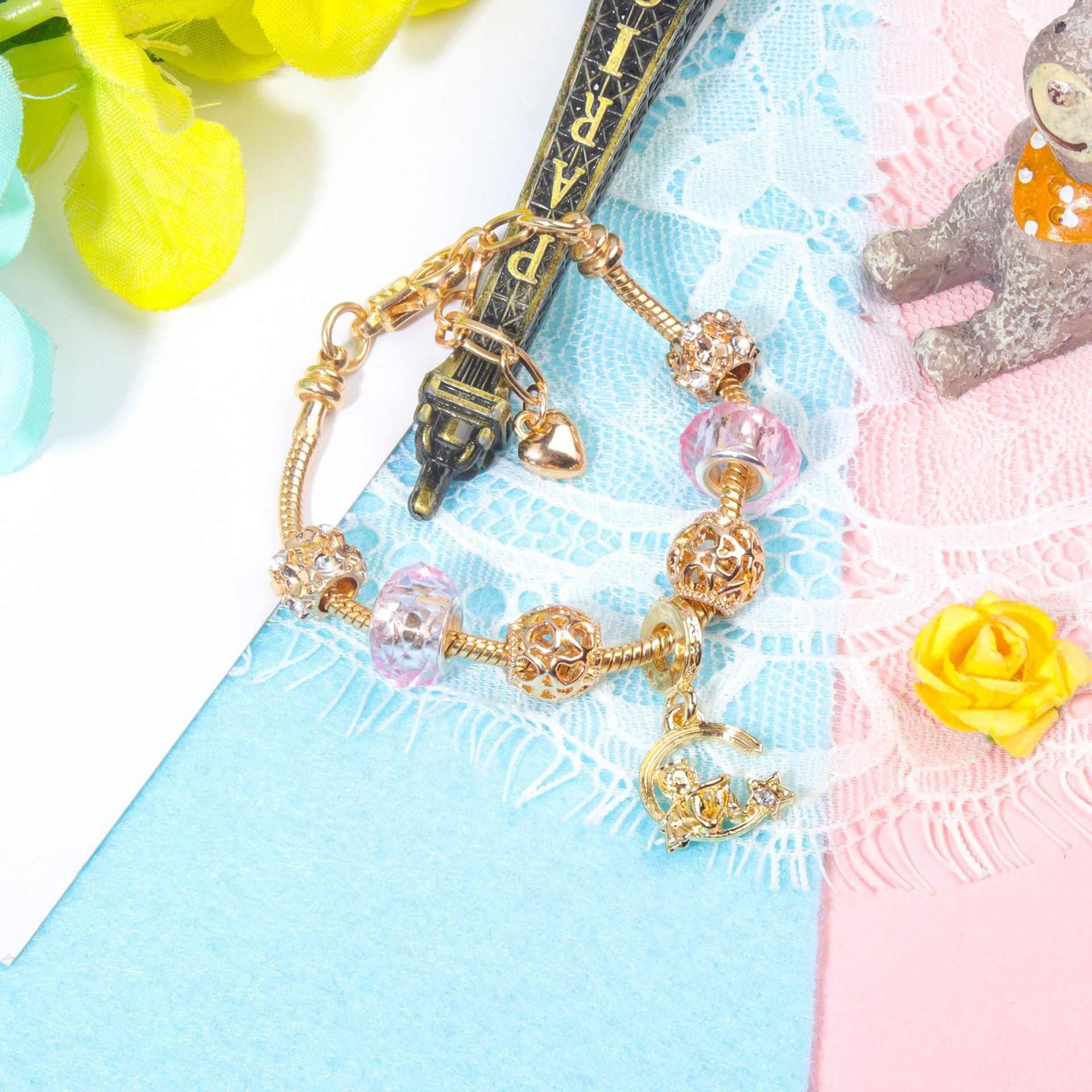 Sweet Style Crystal Rhinestone Gold Star Moon Pendant Cute Pink Bead Bracelet(18cm) - Image 6