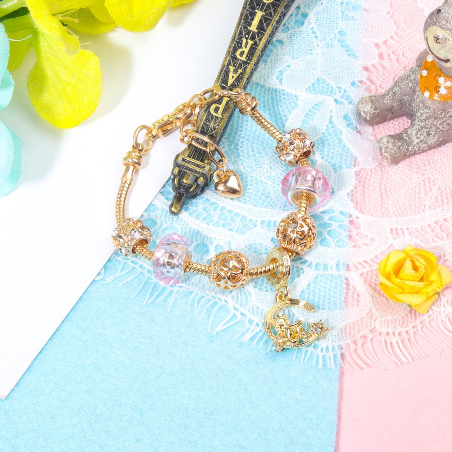 Sweet Style Crystal Rhinestone Gold Star Moon Pendant Cute Pink Bead Bracelet(19cm) - Image 6