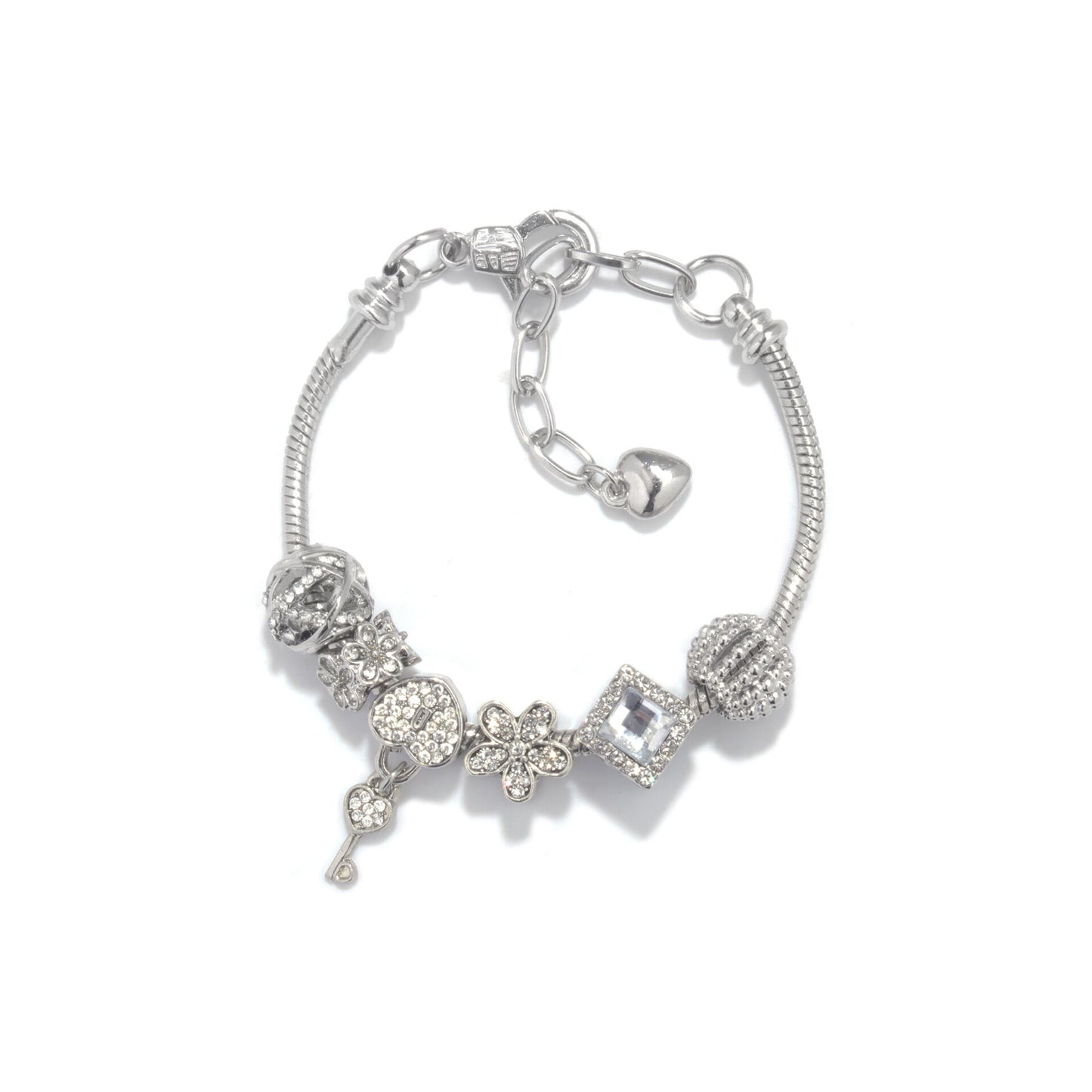 Adjustable Lobster Clasp Bracelet with Zircon Hollow Ball, Square, Flower & Heart Key Charms(19cm)