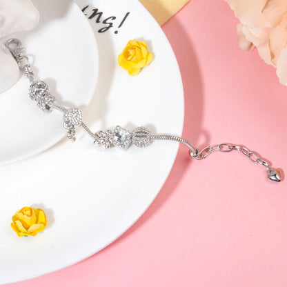 Adjustable Lobster Clasp Bracelet with Zircon Hollow Ball, Square, Flower & Heart Key Charms(19cm) - Image 2