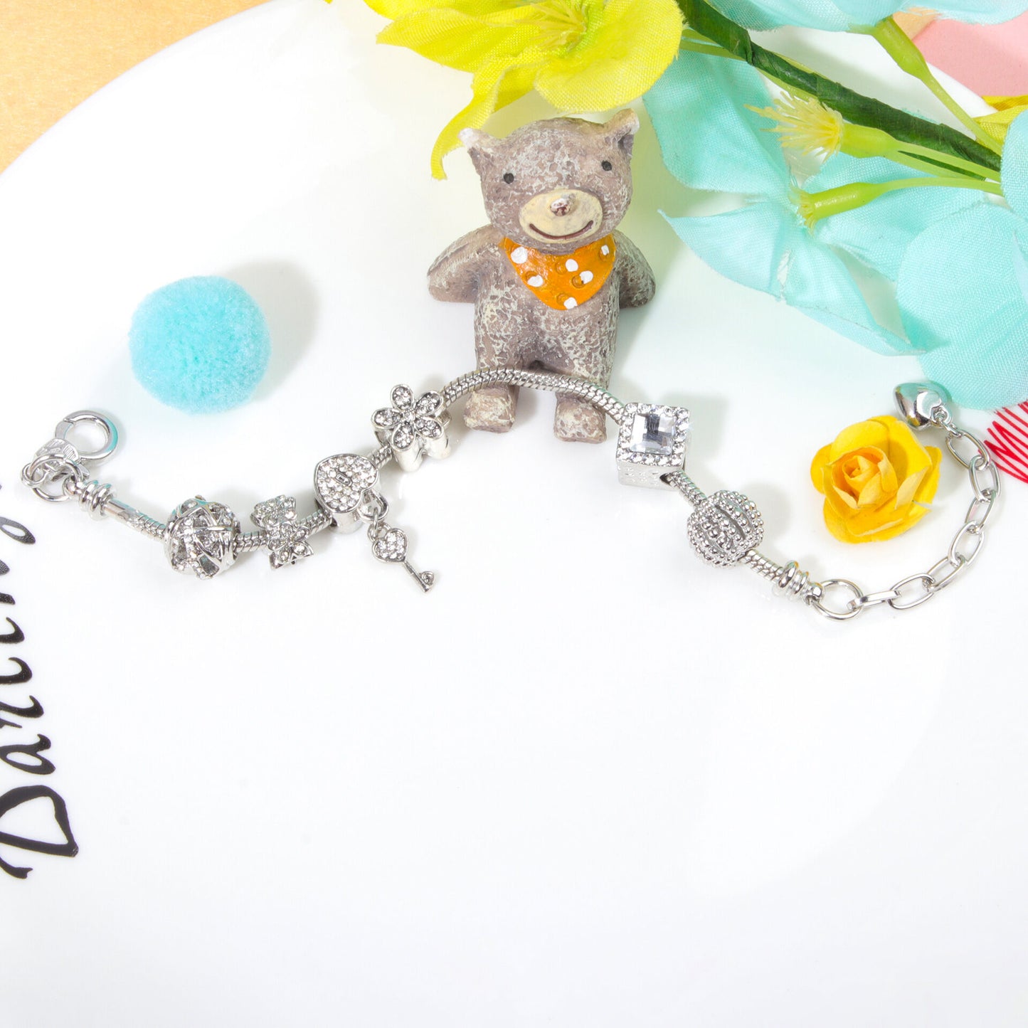 Adjustable Lobster Clasp Bracelet with Zircon Hollow Ball, Square, Flower & Heart Key Charms(21cm) - Image 3