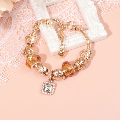 Golden Heart Zircon Hollow Bead Bracelet with Rhinestone Pendant(16cm) - Image 6
