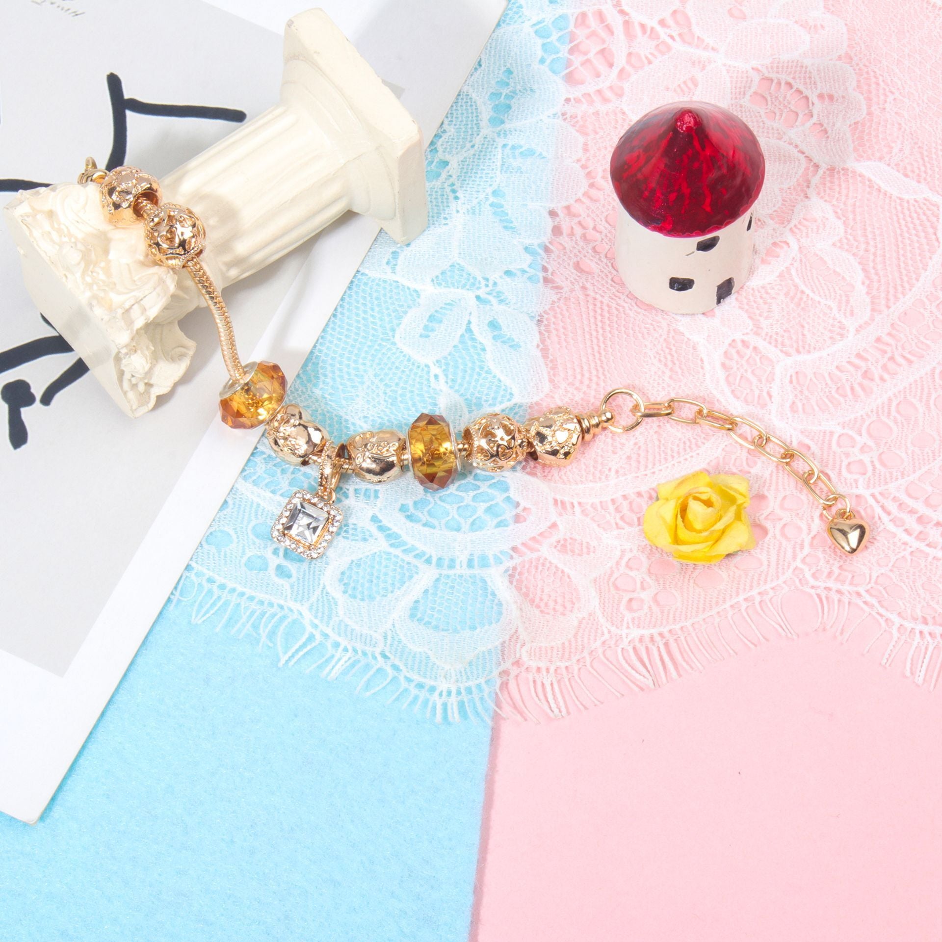 Golden Heart Zircon Hollow Bead Bracelet with Rhinestone Pendant(17cm) - Image 2