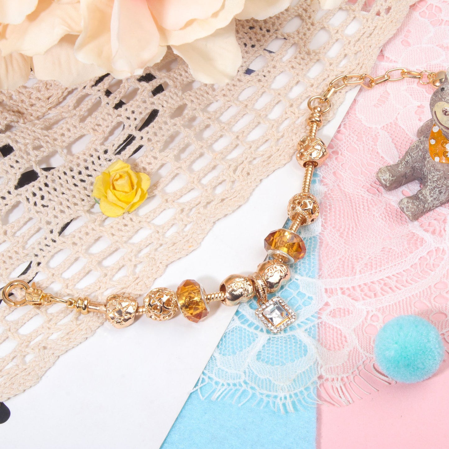 Golden Heart Zircon Hollow Bead Bracelet with Rhinestone Pendant(17cm) - Image 4