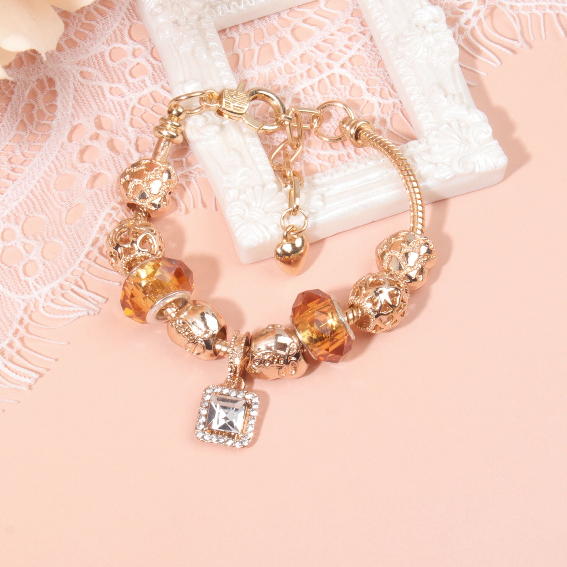 Golden Heart Zircon Hollow Bead Bracelet with Rhinestone Pendant(17cm) - Image 6