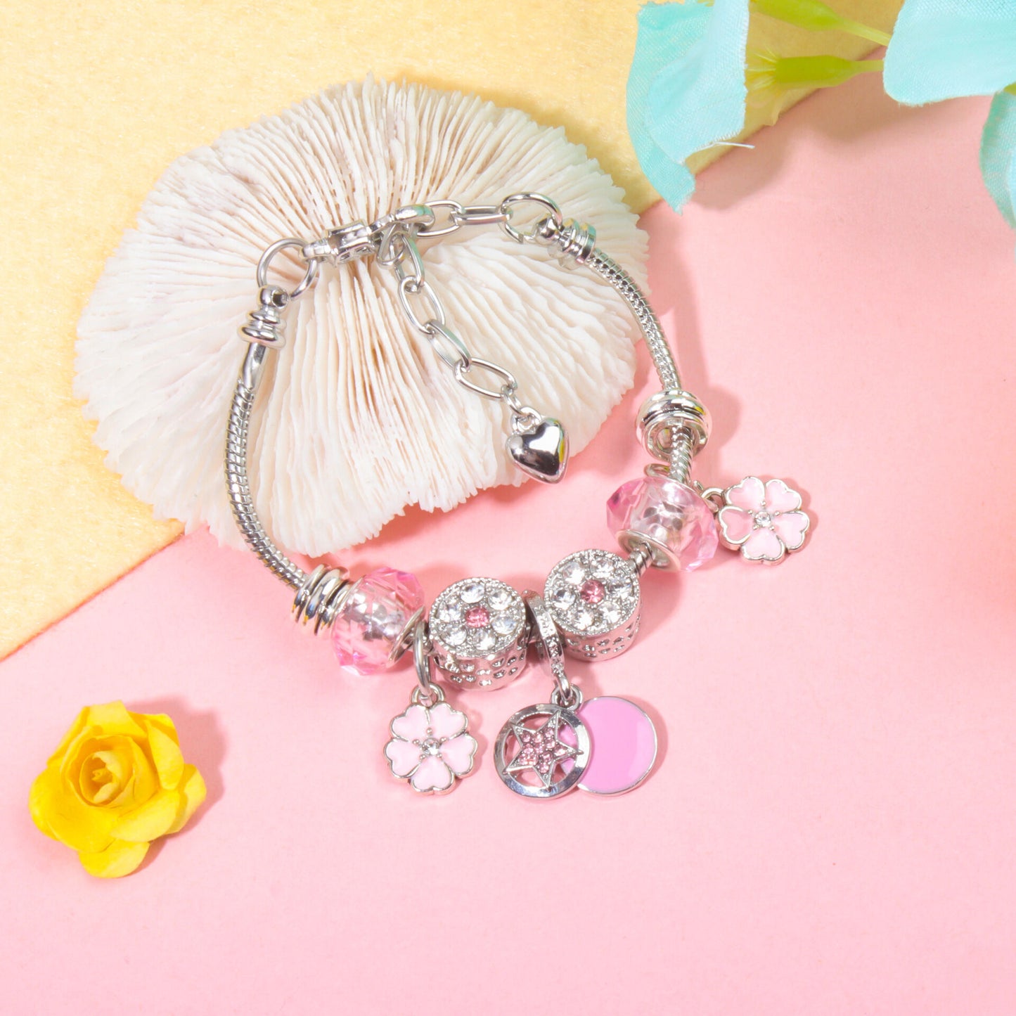 Chic Pink Crystal Beaded Bracelet with Magnolia & Star Pendant(17cm) - Image 6