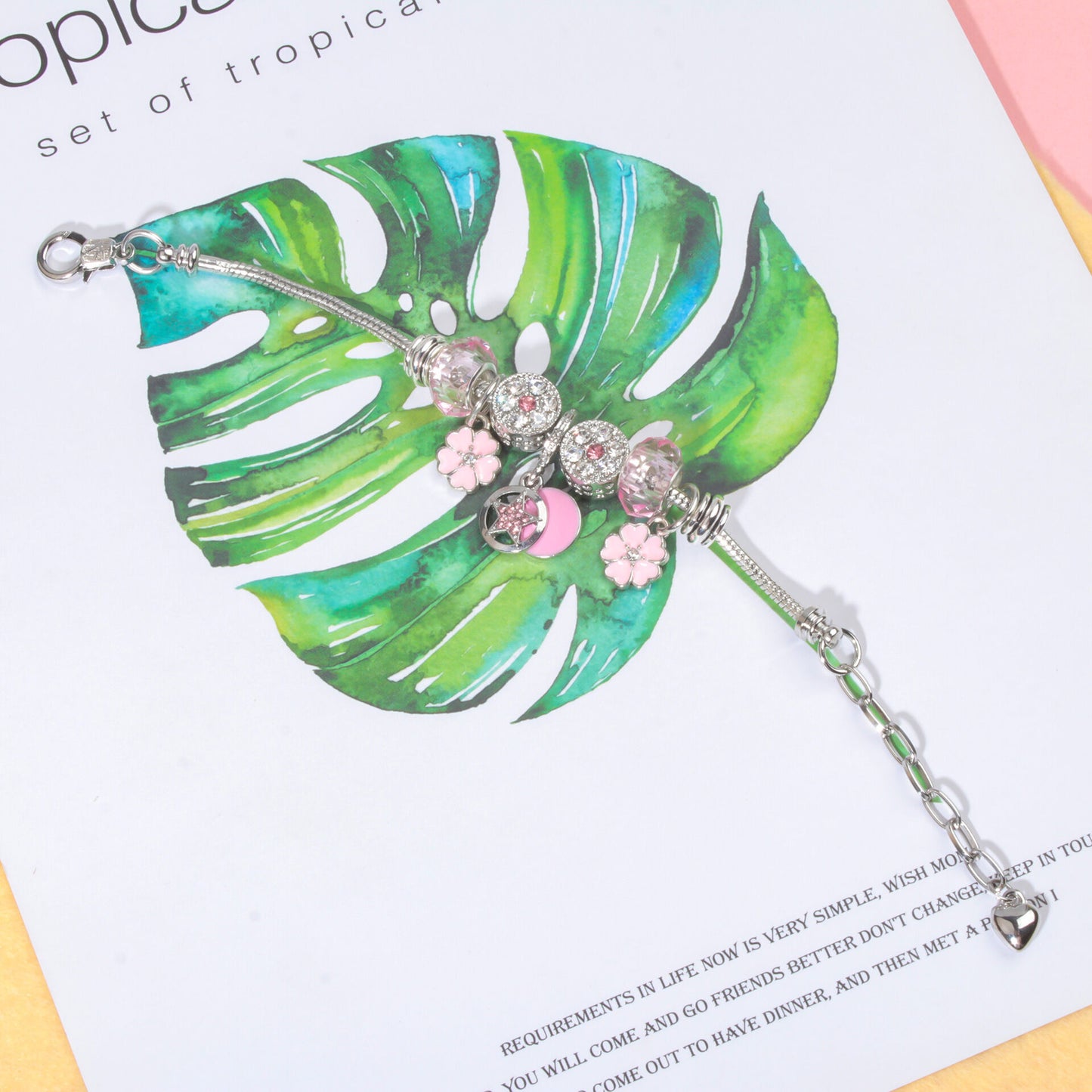 Chic Pink Crystal Beaded Bracelet with Magnolia & Star Pendant(19cm) - Image 2